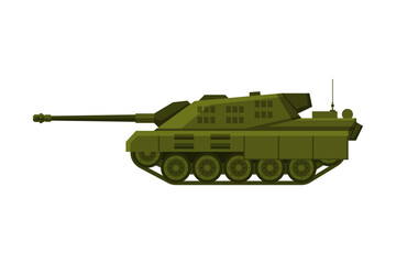 Wall Mural - Green Military Tank, Heavy Special Machinery, Armored Fighting Vehicle, War Transport Flat Vector Illustration