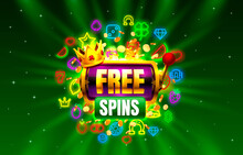 Casino Free Spins Slots Neon Icons, Golden Slot Sign Machine, Night Vegas.