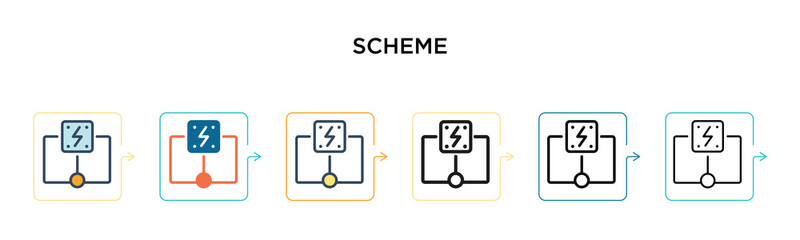 Scheme vector icon in 6 different modern styles. Black, two colored scheme icons designed in filled, outline, line and stroke style. Vector illustration can be used for web, mobile, ui