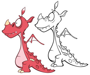 Wall Mural - Vector Illustration of a Cute Cartoon Character Dragon for you Design and Computer Game. Coloring Book Outline Set 