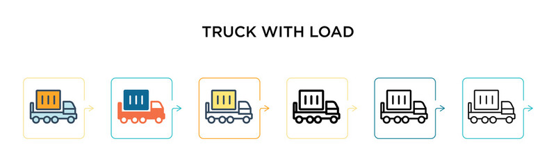 Truck with load vector icon in 6 different modern styles. Black, two colored truck with load icons designed in filled, outline, line and stroke style. Vector illustration can be used for web, mobile,