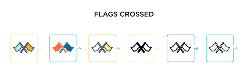 Flags crossed vector icon in 6 different modern styles. Black, two colored flags crossed icons designed in filled, outline, line and stroke style. Vector illustration can be used for web, mobile, ui