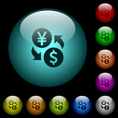 Sticker - Yen Dollar money exchange icons in color illuminated glass buttons