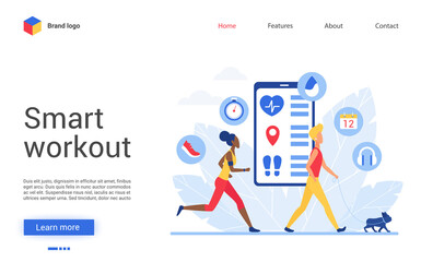 Sport training app for people vector illustration. Cartoon flat tiny sportsman character do sport exercises, run, walk with dog, use virtual trainer application. Smart workout website interface design