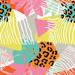 Wall Mural - Bright, multi-color seamless patterns with elements of tropical leaves, animal elements. Figure skin leopard, tiger, zebra. Modern abstract collage.