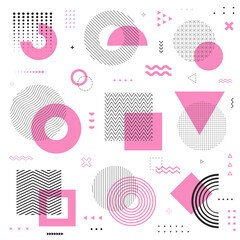 Fototapete - Abstract pink and black geometric shapes pattern. Memphis style elements for poster, banner, artwork, ad, print. Trendy background.