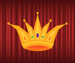 Crown symbol decorated by colorful gems, queen or king golden sign. Corona on red curtain, jewelry element, leadership logo, antique object vector