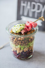 Lentil Salad With Beetroot, Walnuts And Roastbeef In A Glass