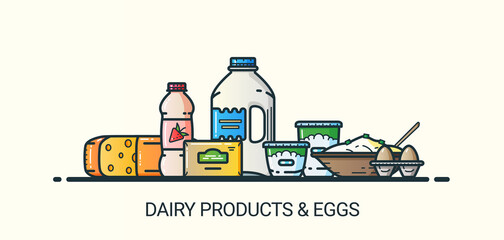 Banner of dairy products in flat line trendy style. All objects separated and customizible. Line art. Milk and yogurt, butter and sour cream, cheese and eggs.