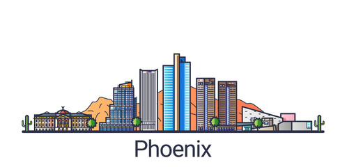 Banner of Phoenix city in flat line trendy style. Phoenix city line art. All buildings separated and customizable.