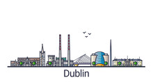 Banner Of Dublin City In Flat Line Trendy Style. Dublin City Line Art. All Buildings Separated And Customizable.