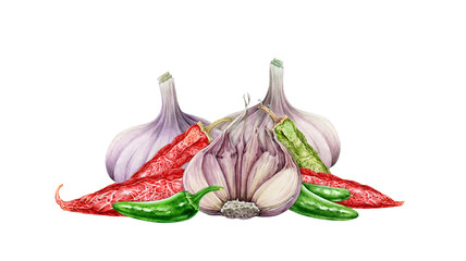 Garlic, chili and jalapeno pepper watercolor illustration. Hand drawn realistic spicy vegetable group. Red chili with green jalapeno peppers with garlic bulb isolated on white background