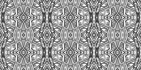 Ethnic pattern. Tribal background. Native ornament. Aztec. Fabric patterm. Boho. Bohemian style. Black and white texture. Print for fashion textile or interior fabric.