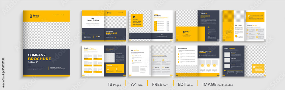 Professional brochure template layout design, yellow shapes, business profile template design, 16 pages, annual report,minimal, editable businss brochure. - obrazy, fototapety, plakaty 