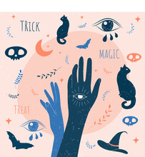 Mysterious Colorful Hand Drawn Magic Design Element Set. Doodle Style, Magician Sketch Collection. Witchcraft Symbols: Hand, Black Cat, Skull, Eyes... Good For Tattoo, Textile, Background... Flat Vect