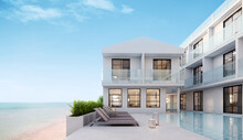 Sea View.Luxury Modern White Beach Hotel With Swimming Pool.Sunbed On Sundeck For Vacation Home Or Hotel.3d Rendering