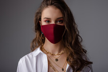 Fashion: Model Wearing Trendy Outfit With Protective Face Mask. Stylish Look During Quarantine Of Coronavirus Outbreak. Copy, Empty Space For Text