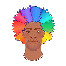 LGBT Person With Rainbow Hair An Beard. African American Man. Gay Pride. LGBTQ Concept. Isolated On White Vector Colorful Illustration. Sticker, Patch, T-shirt Print, Logo Design.
