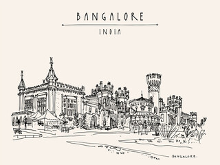 Bangalore, Karnataka, India. Beautiful Bangalore palace. Vintage hand drawn postcard