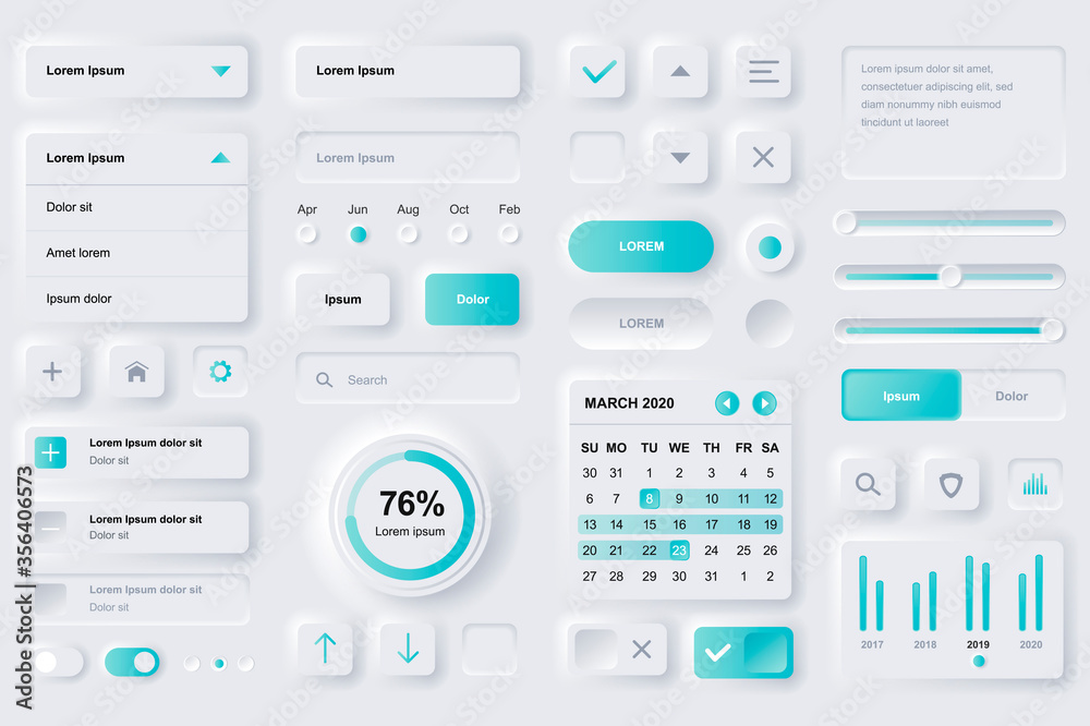 User interface elements for finance mobile app. Financial analytics, time management and planning gui templates. Unique neumorphic ui ux design kit. Manage, navigation, search form and components. - obrazy, fototapety, plakaty 