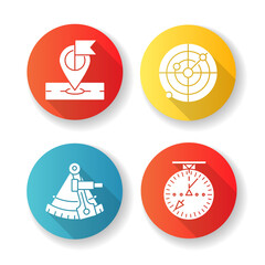 Sticker - Navigation flat design long shadow glyph icons set. Navigation in sea, sky and on land. GPS location, astronomical sextant, marine and aeronautical radar. Silhouette RGB color illustration