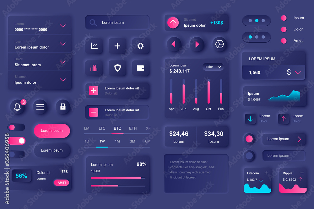 User interface elements for cryptocurrency mobile app. Cryptocurrency mining, exchange and stock trading gui templates. Unique neumorphic ui ux design kit. Manage, navigation and analytics components - obrazy, fototapety, plakaty 