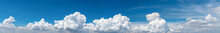 White Fluffy Clouds On Blue Sky. Soft Touch Feeling Like Cotton. White Puffy Clouds Cape With Space For Text. Beauty In Nature. Close-up White Cumulus Clouds Texture Background. Sky On Sunny Day.