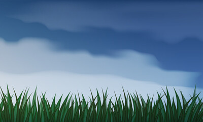 Green grass border, vector background. Autumn landscape with rainy clouds in the sky.	