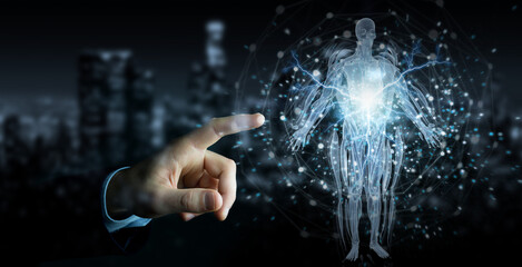 Poster - Man hand using digital x-ray human body holographic scan projection 3D rendering