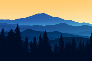 Vector illustration of mountain landscape. Mountain forest in the fog.