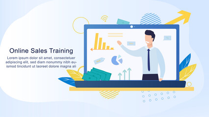 Wall Mural - Concept of online sales courses. The mentor on the laptop shows the highlights in sales. Business sales. Landing page for sales courses. Successful business. Online education. Flat Cartoon Vector