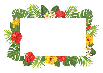 Wall Mural - Tropical flowers and green leaves frame template. Hibiscus floral border with place for text. Vector illustration.