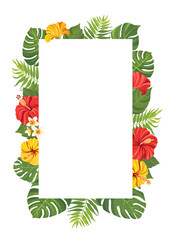 Wall Mural - Red tropical flowers and green leaves frame template. Hibiscus floral border with place for text. Vector illustration.