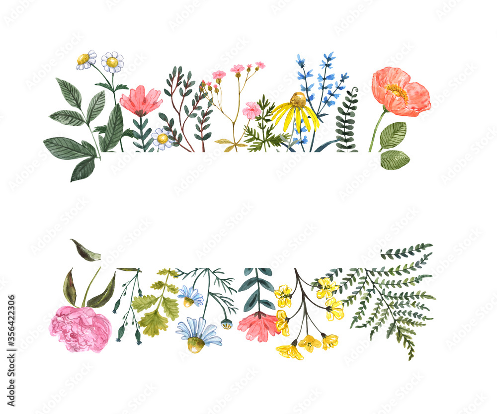 Summer wildflower frame, watercolor illustration. Floral border with blank space for text. Hand drawn pink, yellow, blue meadow flowers and herbs on white background. Botanical banner - obrazy, fototapety, plakaty 