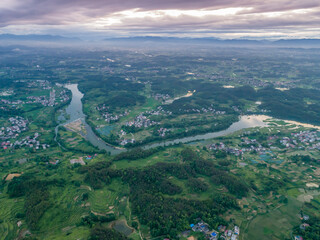 Wall Mural - Rural countryside aerial view, green countryside and villages, Hunan, China。