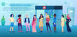 © Mr. Good - Collection of Pretty Women of different races and nations are in the hospital. The reception room interior. Preventive Medical examination. Flat Cartoon Vector Illustration. With place for text.