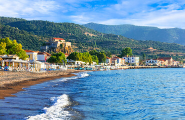 Wall Mural - Lesvos (lesbos) island . Greece. Beautiful coastal village Petra with famous monastery over the rock and great beach