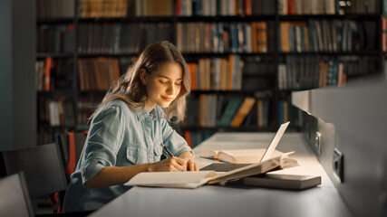 university library: beautiful smart caucasian girl uses laptop, writes notes for paper, essay, study