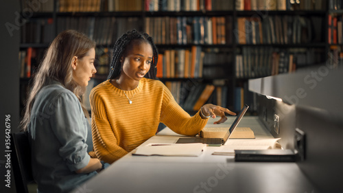 Cuadros en Lienzo University Library: Two Gifted Girl Students Study, Use Laptop Computer, Help Each Other with Advice, Working on Assignment and Preparing for Exams