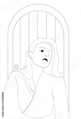 Girl posing in front of a door. Linear drawing. Black and white
