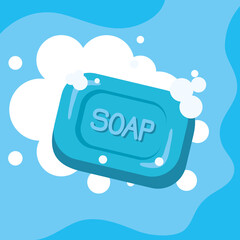 Poster - soap bar with foam, sanitizer cleaning concept vector illustration design