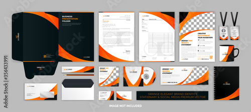 Fotomural Orange elegant BRAND identity stationary & SOCIAL MEDIA Premium Vector set