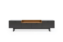 Modern Minimalist TV Stand Graphite Color With A Decorative Insert Made Of Natural Wood On A White Background