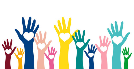Volunteering, charity and donating concept. Raised colorful hands with white heart vector design element