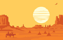 Vector Western Landscape At Orange Sunset With Silhouettes Of Indians On Horseback And Indian Wigwams At The Wild American Prairies. Decorative Illustration, Wild West Vintage Background