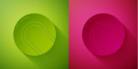 Poster - Paper cut Baseball ball icon isolated on green and pink background. Paper art style. Vector Illustration.