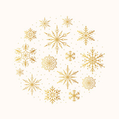 Merry Christmas border with golden snowflakes and stars. Winter holiday gold card template. Vector isolated festive frame with sparkles.