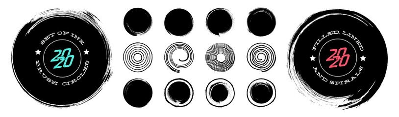 Poster - Collection of abstract brushed black ink circles, dots and spirals with rough edges and grungy texture