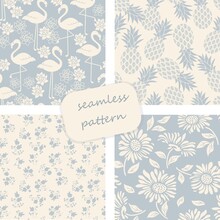 Set Of Vintage Seamless Tropical Patterns. Hand Drawn Floral Pattern. Vector Illustration That Can Be Used For Ceramic Tile, Wallpaper, Textile, Invitation, Greeting Card, Web Page Background
