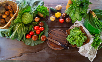 Wall Mural - cooking food. seasonal vegetables on the table for a vegetarian recipe